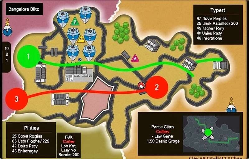Bangalore Blitz strategy guide showing map with highlighted locations and optimal routes