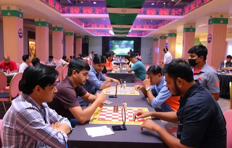 Bangalore Blitz tournament with players competing in a gaming arena decorated with Indian flags